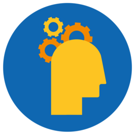 Wissen kompakt-Icon, gelber Kopf mit drei Zahnrädern auf blauem Hintergrund