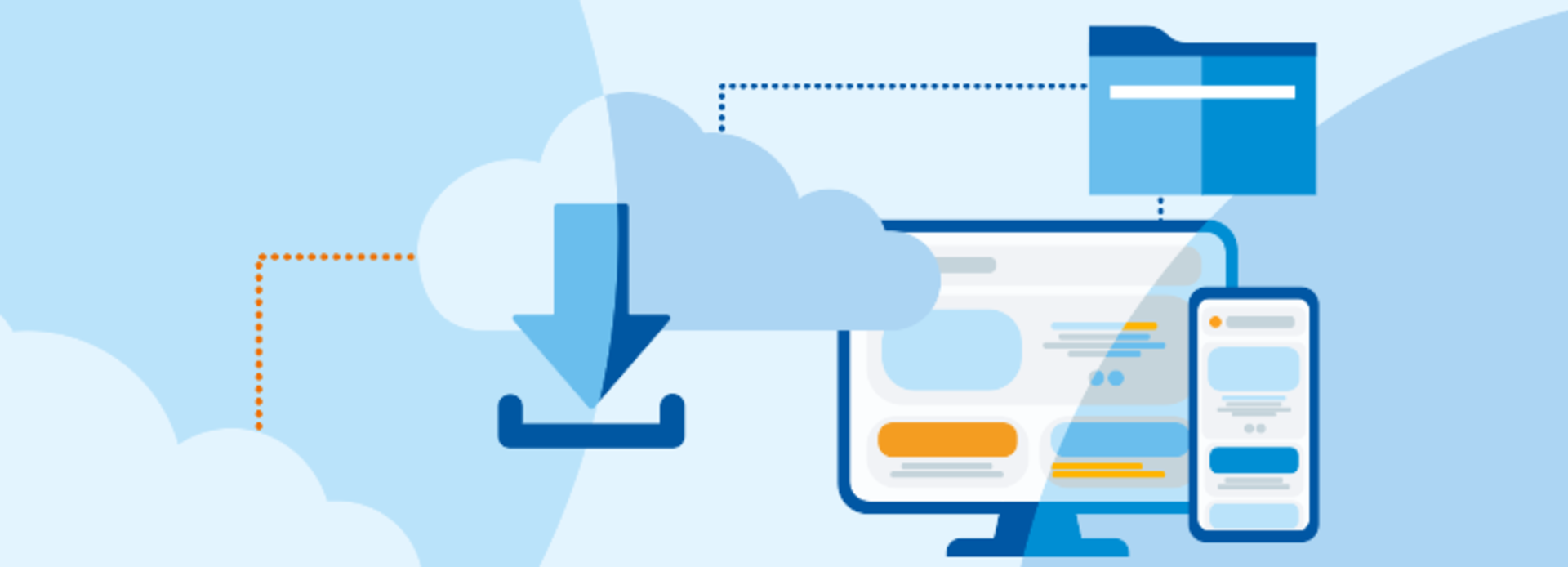 Grafik in einer Wolke und einem Pfeil der von der Wolke auf die Grafik eines PC und Handys weist und so den Download symbilisert.