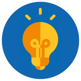 Expertentipp-Icon, gelb orangefarbene Glühbirne die leuchtet auf blauen Hintergrund.