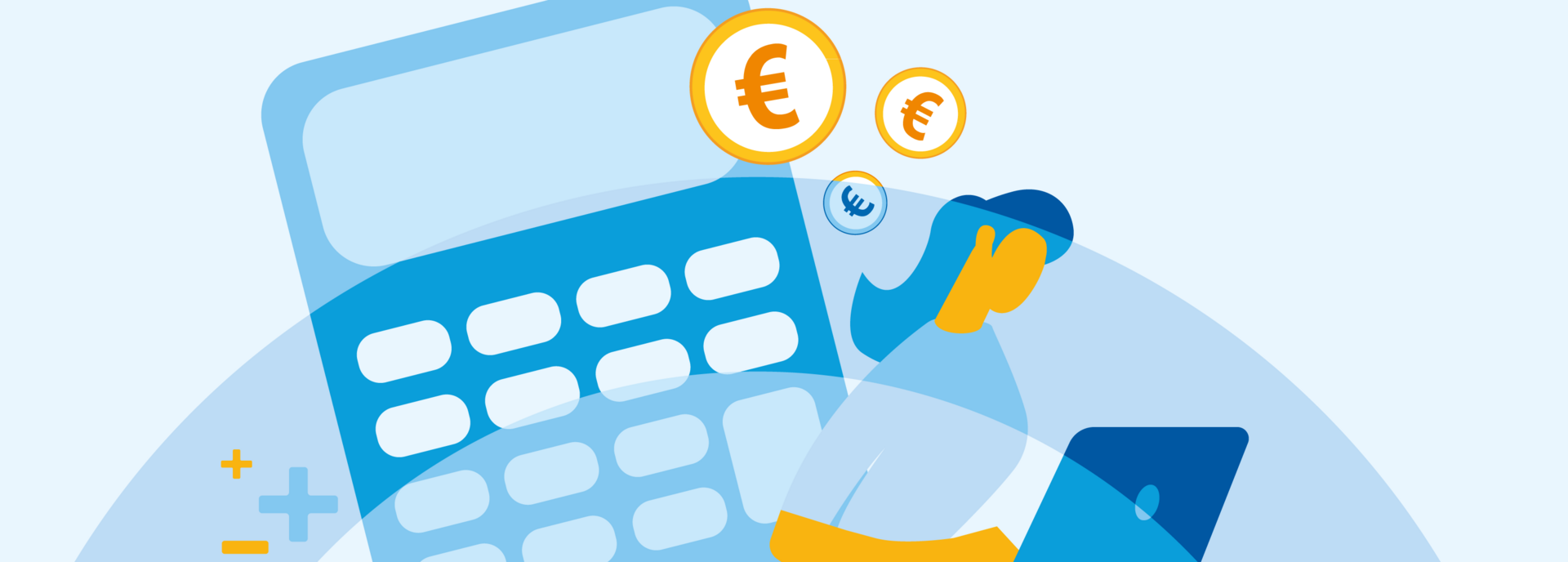 Grafik eines übergroßen Taschenrechners in Hintergrund, davor sitzt eine Person am Laptop, über dem Bild verteilt fliegen Euro-Münzen
