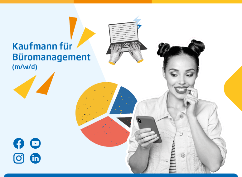 Potentielle junge Auszubildende mit Handy in der Hand, Laoptop und farbigen Elementen im Hintergrund